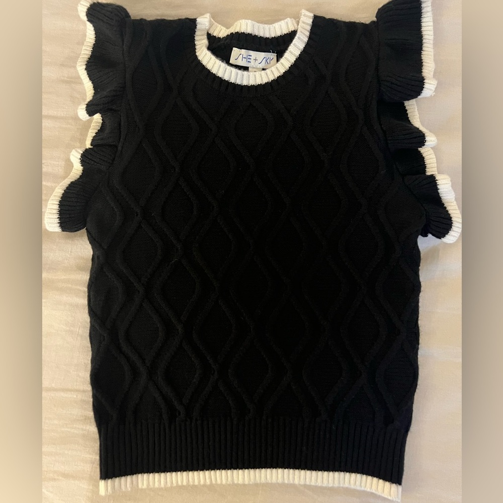 She + Sky Black Sweater with White Ruffle Trim